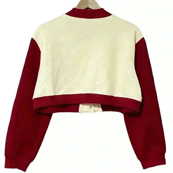 ACED IT Cropped Varsity Jacket M Cream Sporty Letterman Patches Academia NWT - Picture 2 of 10
